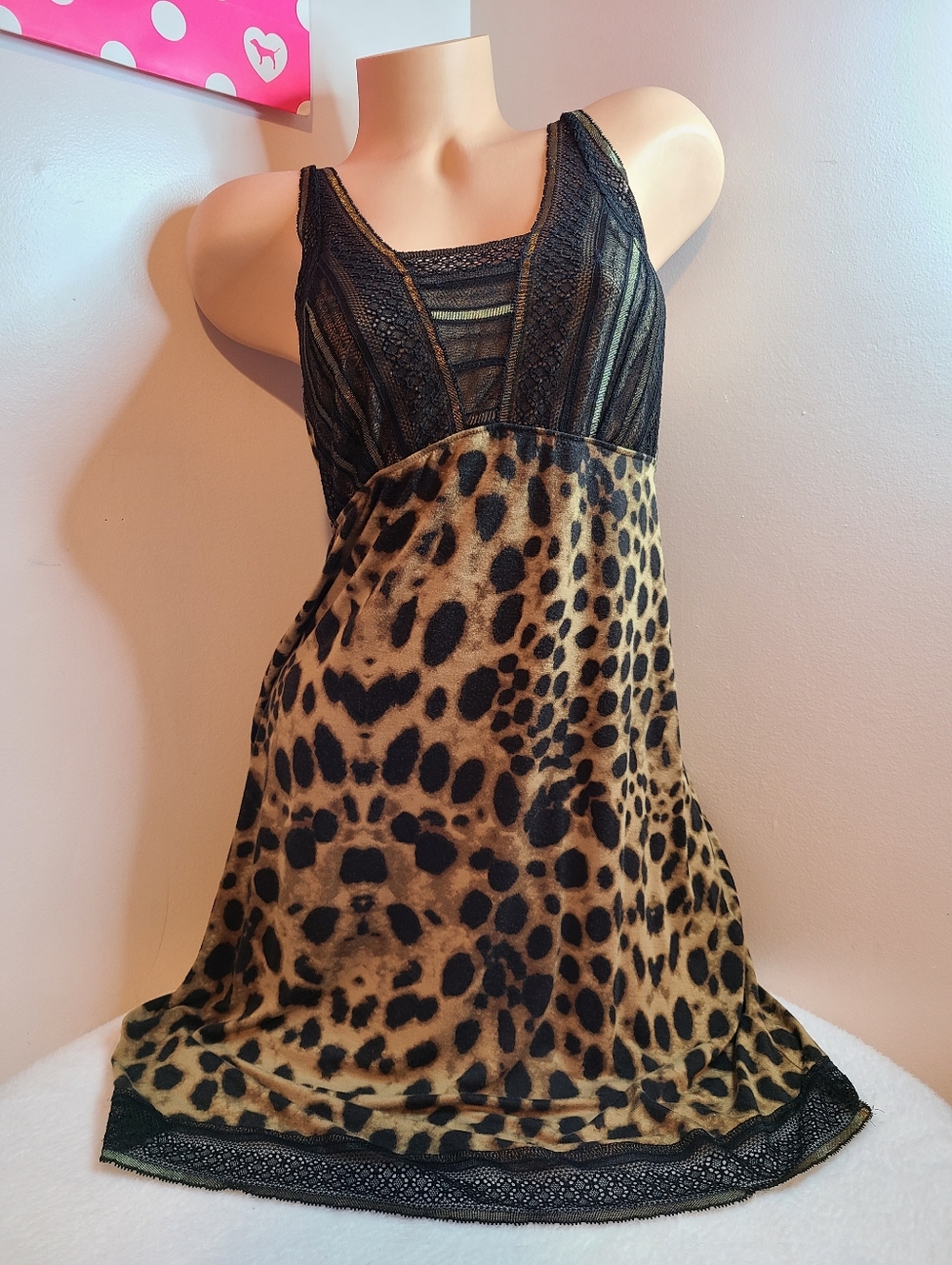 Cool Nights Soft Bamboo Leopard Print Lace Trim Babydoll Chemise Size M